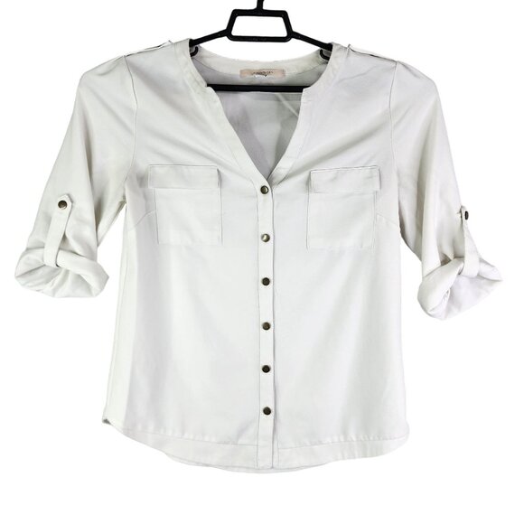 Womens White 41 Hawthorn Button-Up Blouse Polyester Roll-Up Sleeves Size S - Picture 1 of 11